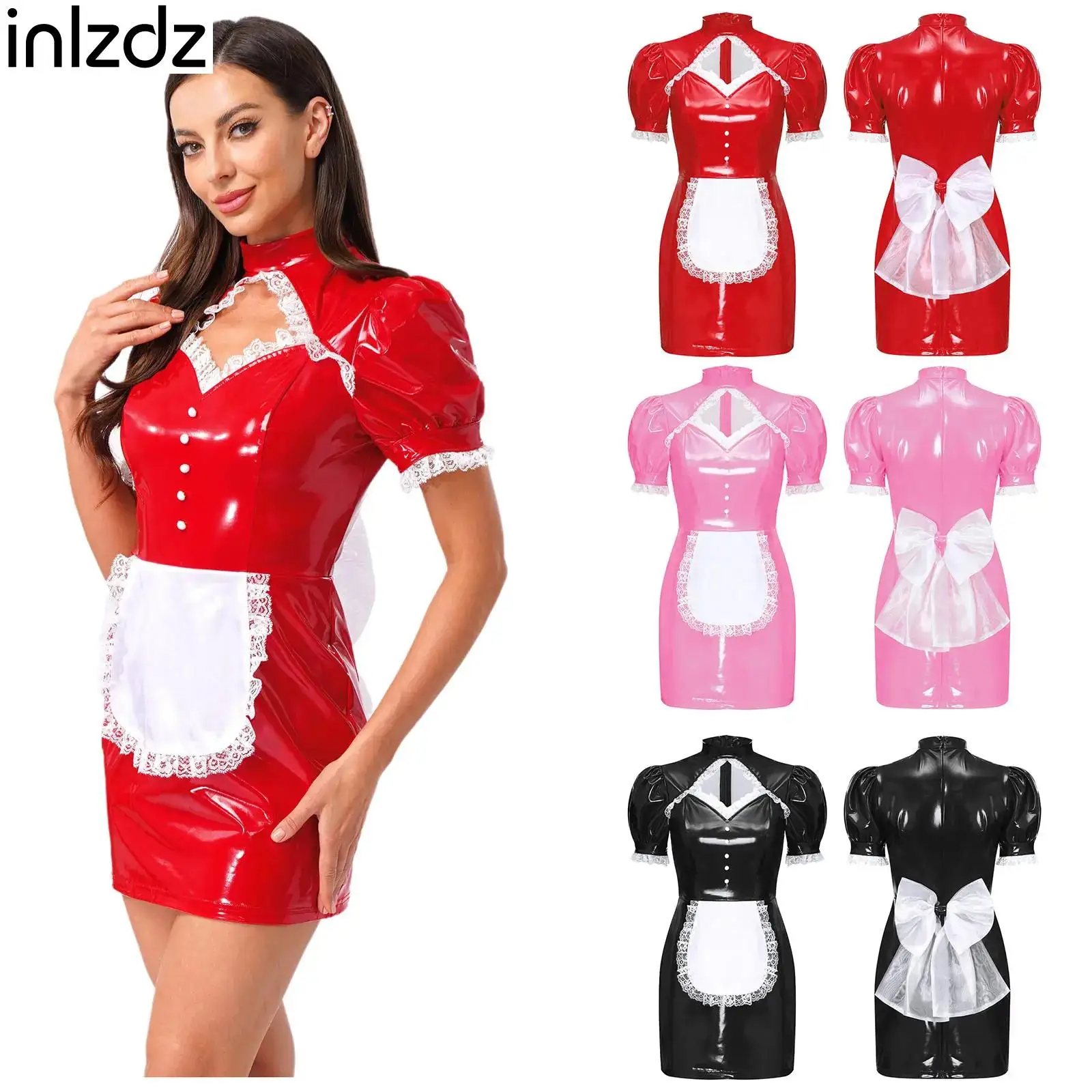 

Womens Maid Dress Cosplay Costume Hollow Out Lace Trim Apron Glossy PU Bodycon Dress with Detachable Big Bow for Halloween Party