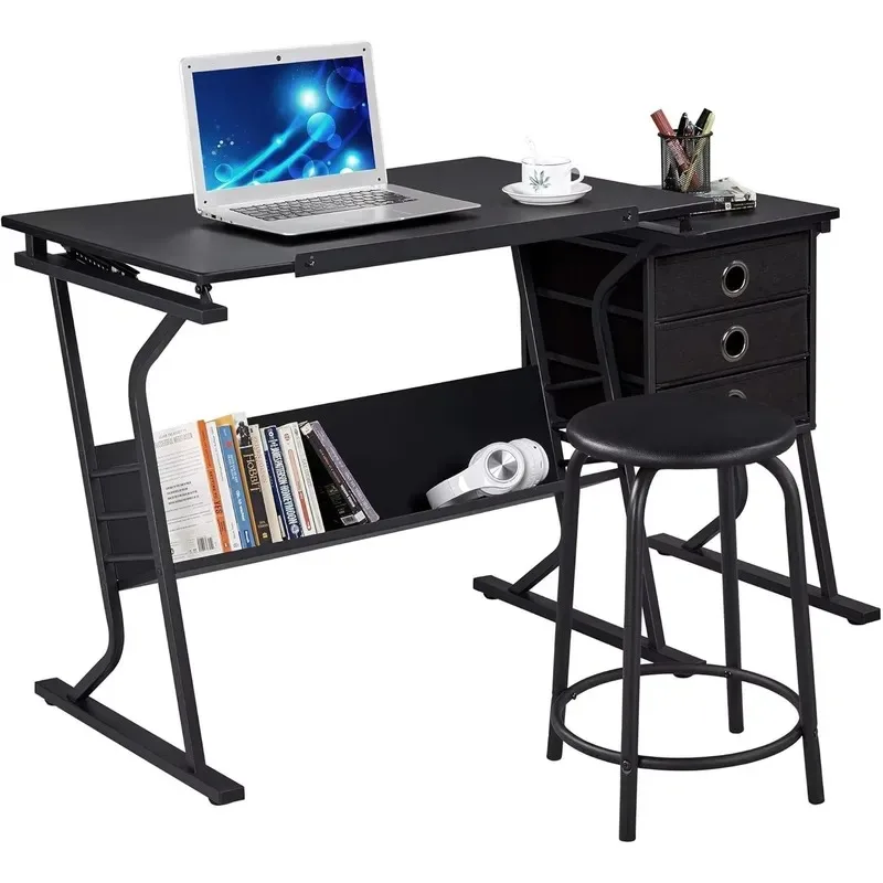 Artist Drawing Workstation with Tiltable Table Top and Matching Stool 3 Sliding Drawers Perfect for Sketching