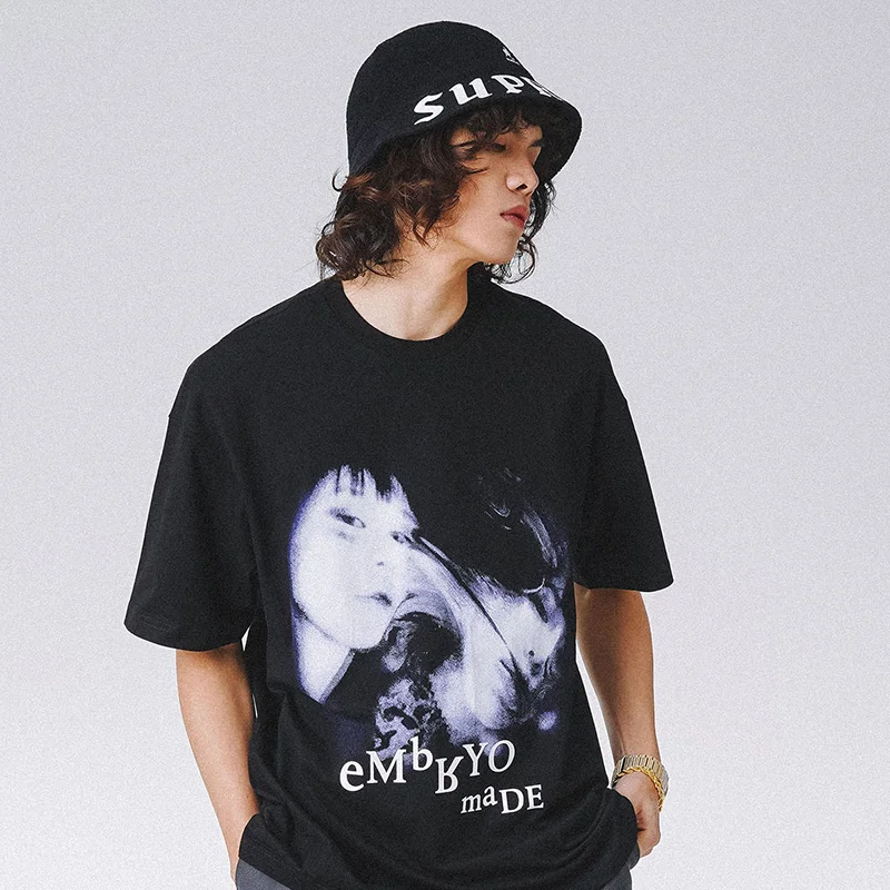 Men Hip Hop Streetwear T-Shirt Illusion Girl Letter Print T Shirt Harajuku Cotton Casual Tops Tees Short Sleeve Tshirt
