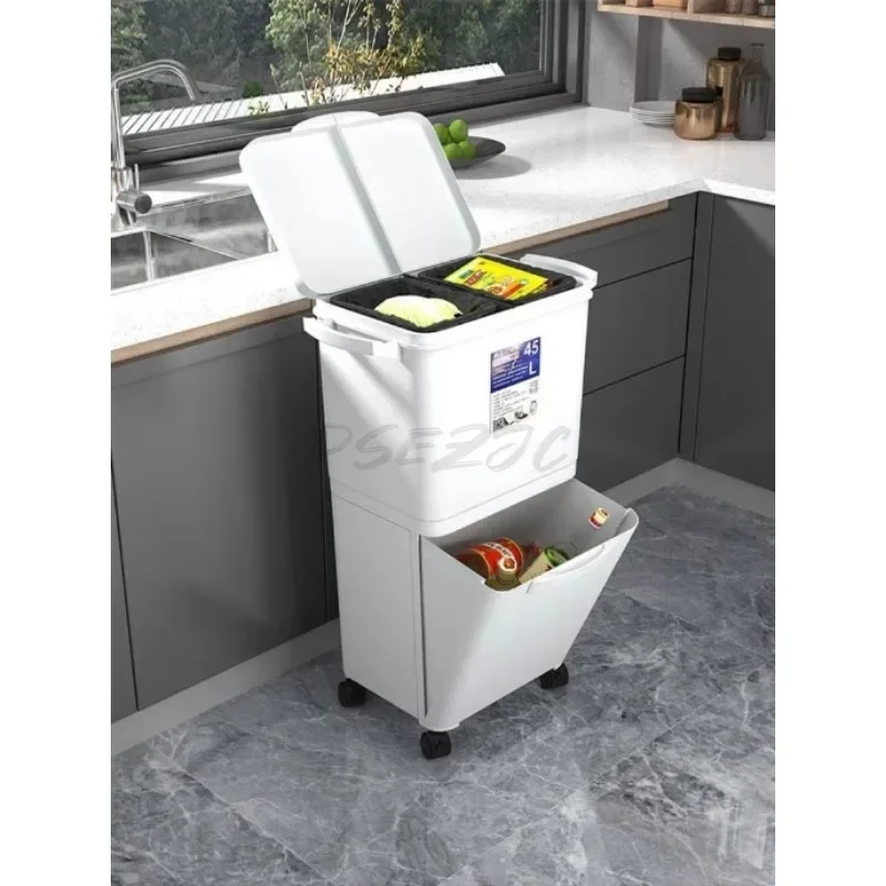 Kitchen Mobile Garbage Bin with Large Capacity Dry Wet Separation Double-layer Classification Large Household Use