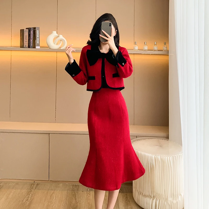 High Quality Women Autumn Winter Tweed Wool Red 2 Piece Set Fashion Vintage Short Coat Outwear+Casual Party Mermaid SKirts Sets