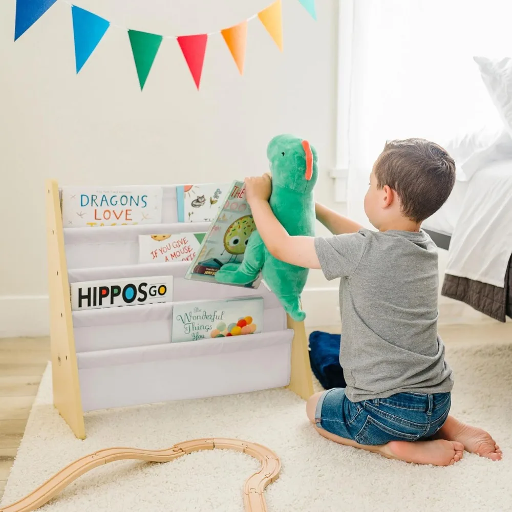 Kids Wooden Sling Bookshelf with 4 Canvas Shelves - Compact Organizer for Bedroom or Classroom