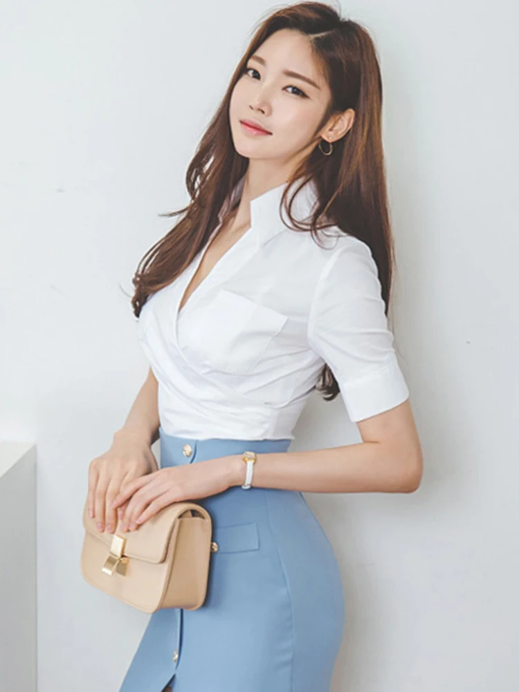 Elegant Korean Formal 2 Pieces Outfits Women White Short Sleeve Tops Shirt Blue Slit Skirt Sets Lady Work Style Business Clothes