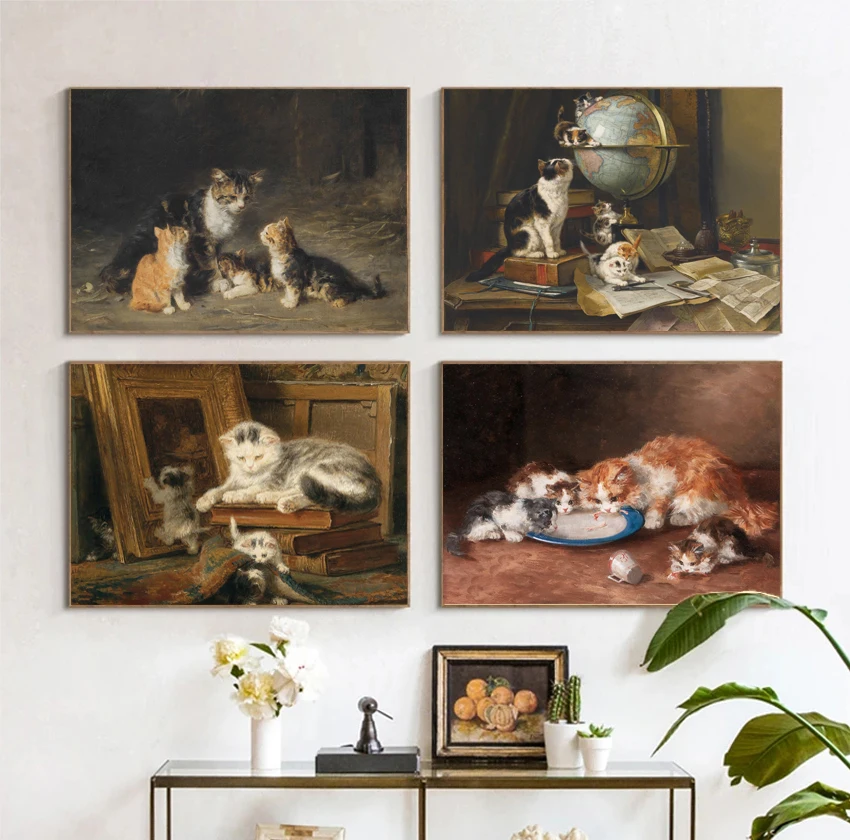Retro Abstract Oil Painting Cute Funny Cat Playing and Making Trouble Poster Canvas Art Prints Home Room Wall Decoration Gift
