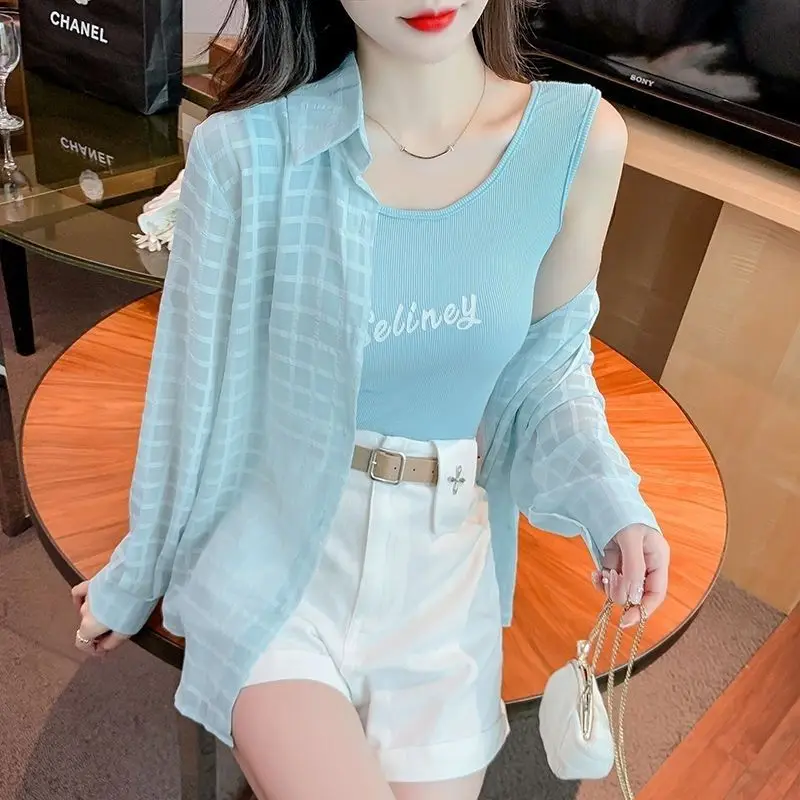 Button Loose Comfortable Turn-down Collar Blouses Simplicity Solid Plaid Fashion Casual Spring Summer New Women\'s Clothing 2023