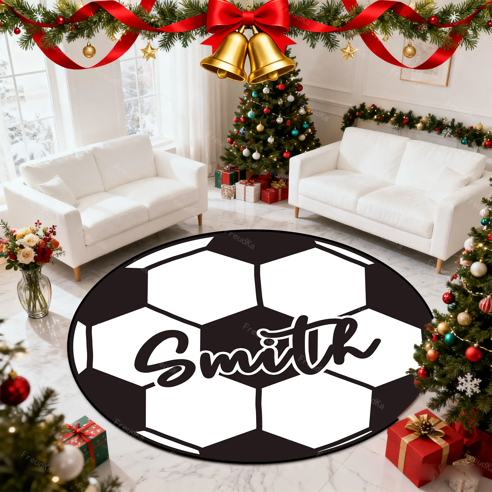 

Personalized Custom Name Soccer Ball Round Rug Christmas Themed Soft Round Floor Mat Sports Area Carpet for Kids Room Living Roo