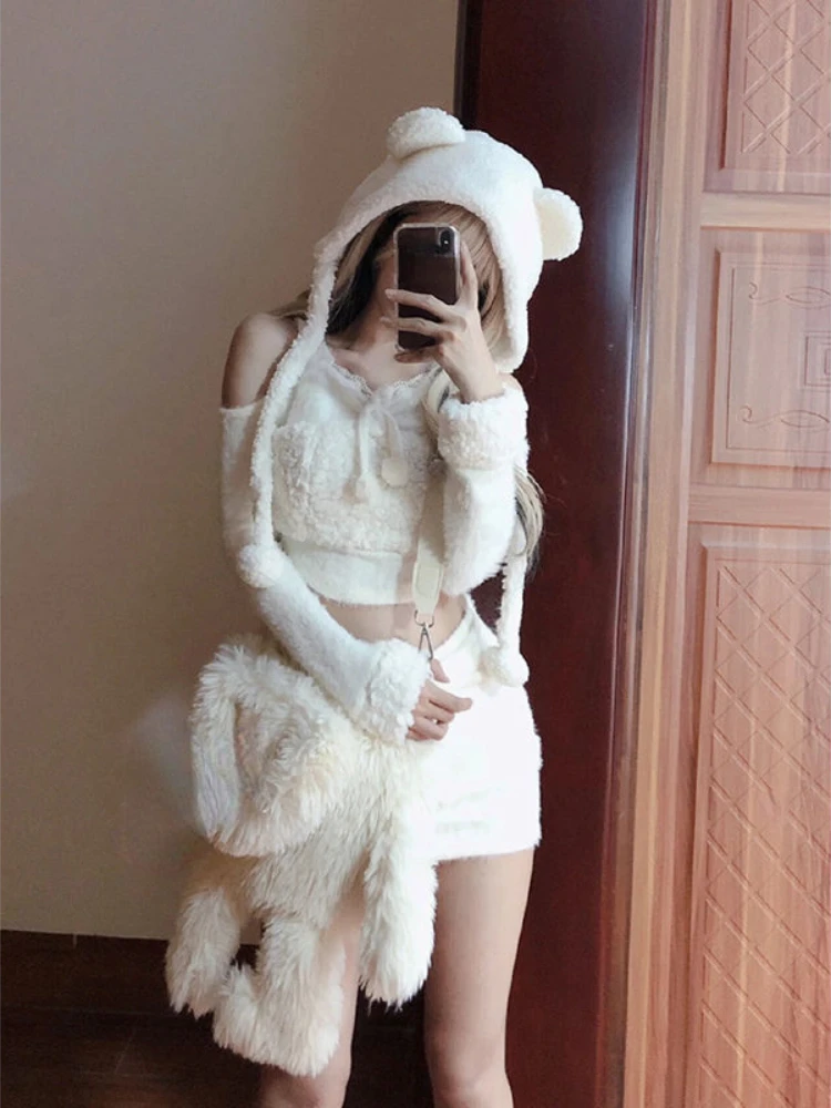 2023 Winter Kawaii Fashion 3 Piece Set Japanese Style Warm Suit Woman Casual Blouse + Y2k Mini Skirt + Cute Hat Solid Clothing