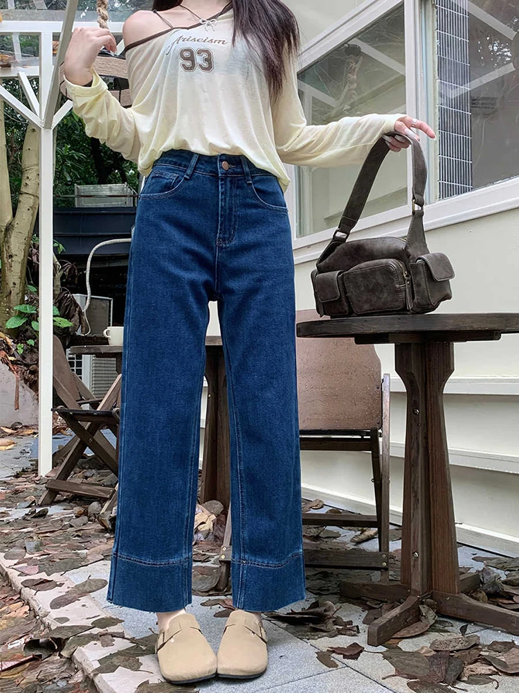 جينز نسائي غير رسمي 2025 صيف جديد عالي الخصر للتخسيس بنطال ذو قصة أرجل مستقيمة ريترو أزرق متعدد الاستخدامات فضفاض بنطال ذو قصة أرجل واسعة
