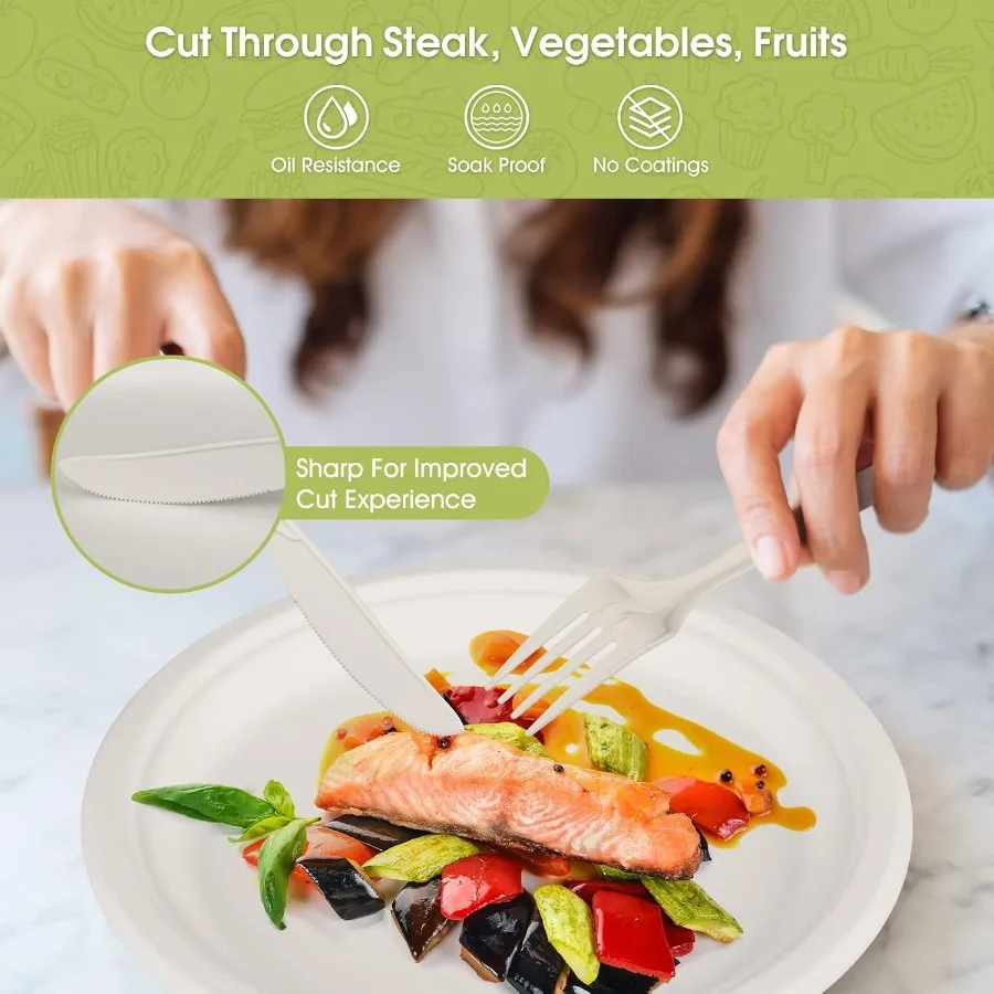 Pratos de papel compostatáveis, 250 peças, com conjunto de talheres, descartável, biodegradável, utensílio longo, ecológico, inclui pratos f