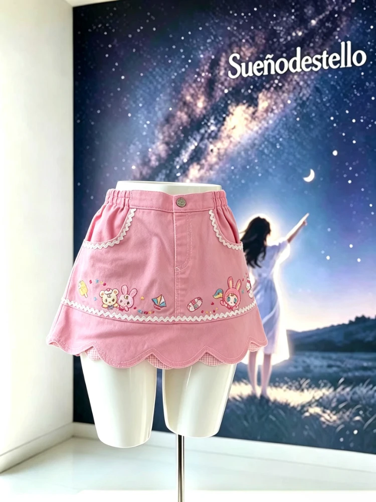 Sweet Kawaii Japanese Vintage Pink Denim Mini Skirt Women High Waist Embroidered Rabbit Scalloped Hem Lace Trim Slim Fit Casual