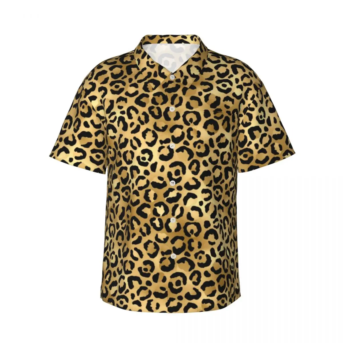 Czarno-złota koszula plażowa w panterkę Cheetah Animal Hawaii Casualowe koszule męskie Vintage Bluzki z krótkim rękawem Street Style Design Odzież