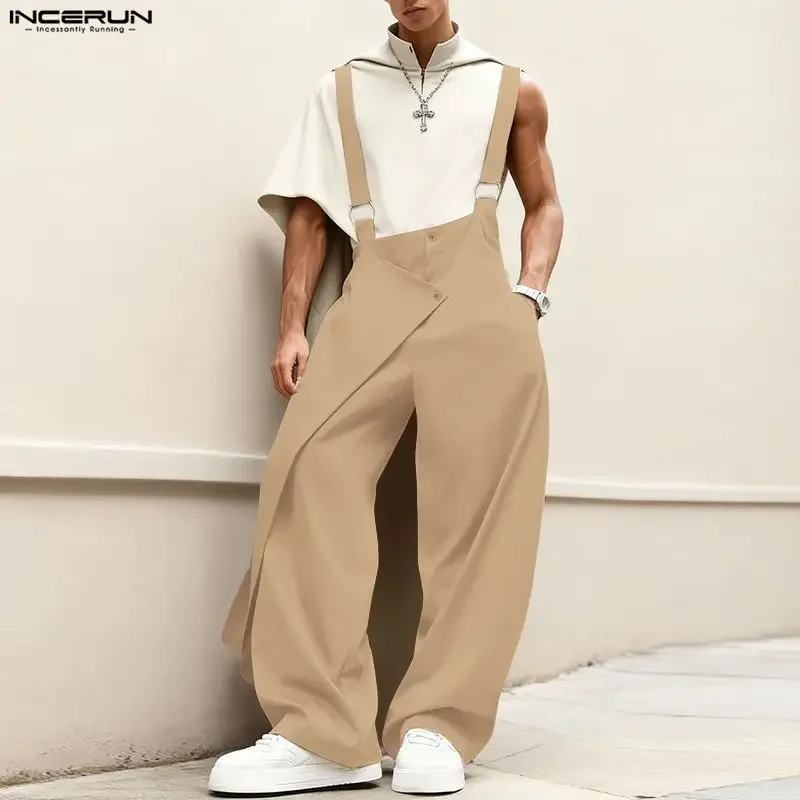 INCERUN Men Jumpsuits Solid Color Loose Casual Sleeveless Straps Rompers Streetwear 2026 Fashion Male Irregular Overalls Pants
