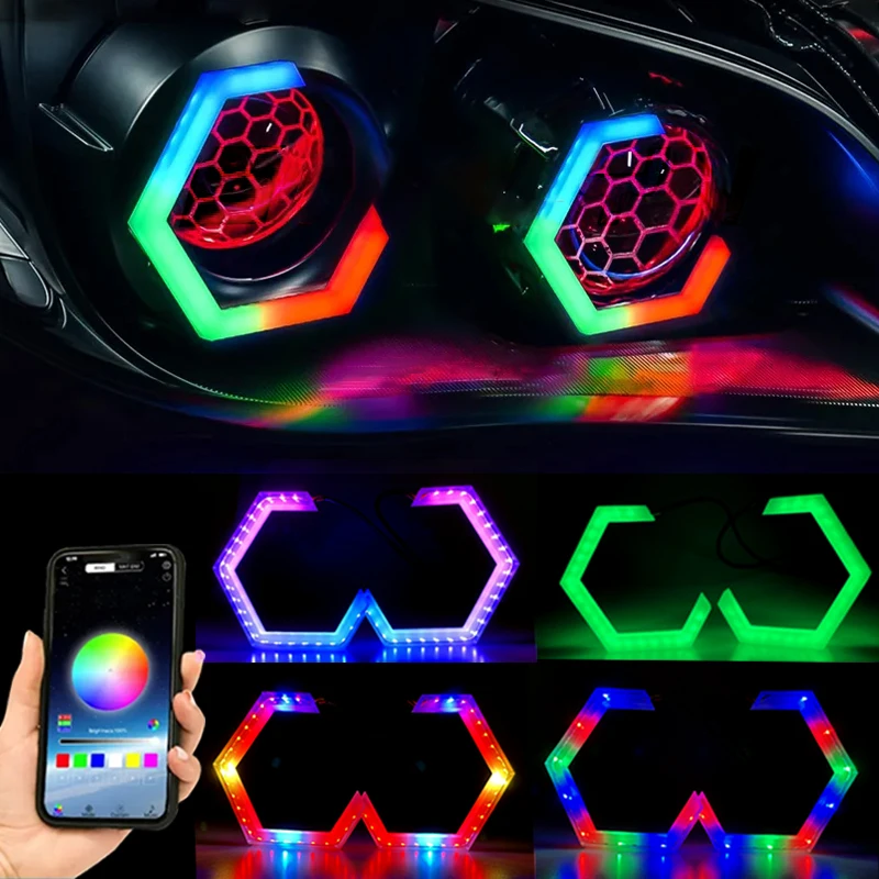 2PCS 12V/24V RGB APP Control Hexagon Angel Eyes Halo Rings Retrofit Headlight Car Motorcycle White DRL+Amber Turn Signal Light