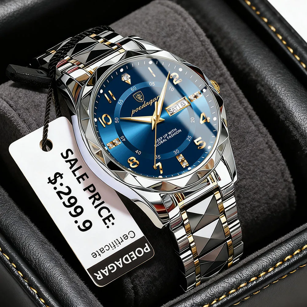 POEDAGAR ساعة يد رجالية فاخرة مقاومة للماء مضيئة تاريخ الأسبوع ساعة رجالية رياضية من الفولاذ المقاوم للصدأ كوارتز ساعات رجالية reloj + صندوق