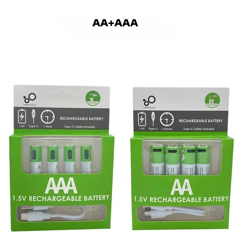 AA+AAA USB Rechargeable Battery 1.5V AA 2600mWh/AAA 750mWh li-ion Batteries for Mouse,Clock,Shaver,Hermometer+TYPE-C Cable