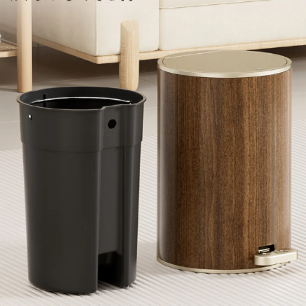 Round Pedal Trash Can, Wood‑Grain Plastic Garbage Bin with Golden Rim, Foot‑Operated Lidded Waste Bucket with Removable Inner Bucket, Odor‑Sealed Rubbish Bin for Bathroom, Bedroom, Living Room, Apartment