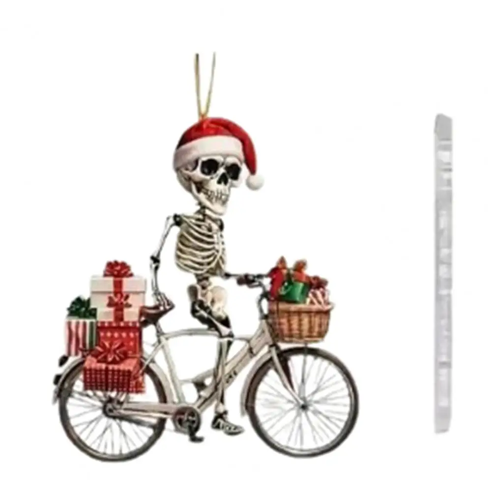 Acrylic Skull Pendant Festive Christmas Skull Ornament with Santa Hat Skeleton Riding Bicycle Acrylic Pendant Indoor/outdoor