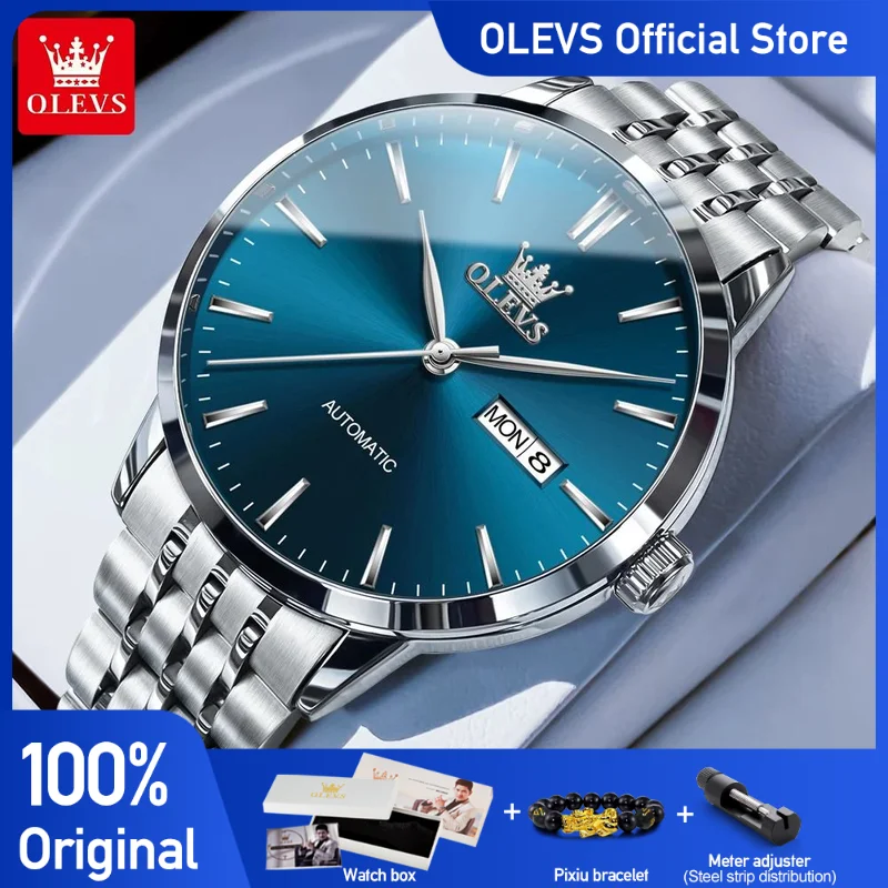 OLEVS 7048 Mens Watch Business Original Automatic Watch Waterproof Luminous Stainless Steel Dual Calendar Display Watch For Man