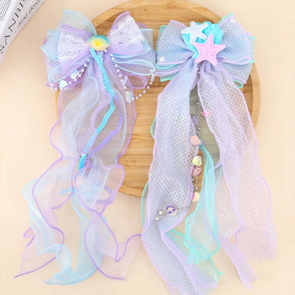 Girls Mermaid Bow Hair Clips Starfish Shell Tulle Long Ribbon Barrettes Kids Ocean Theme Party Cos Photograph Hair Accessories