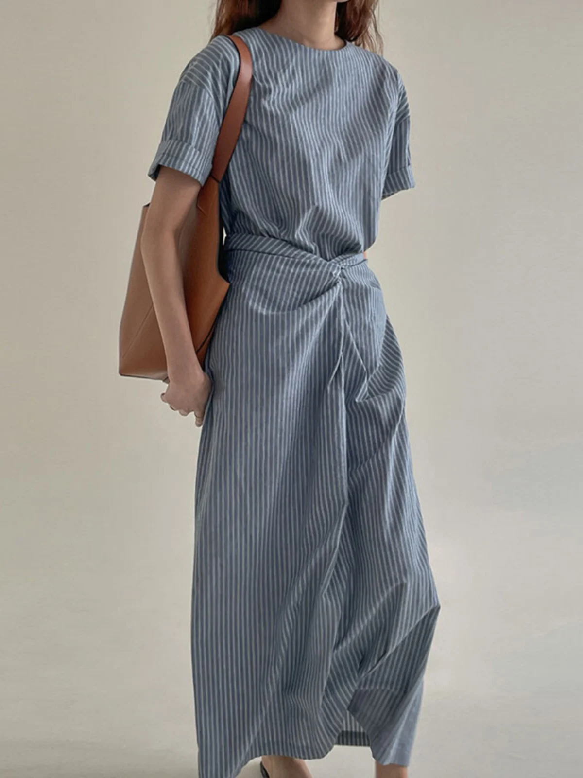 Clothland-vestido de lino y algodón a rayas para mujer, elegante vestido Midi de manga corta con fajas, cintura elástica, una pieza, QD804