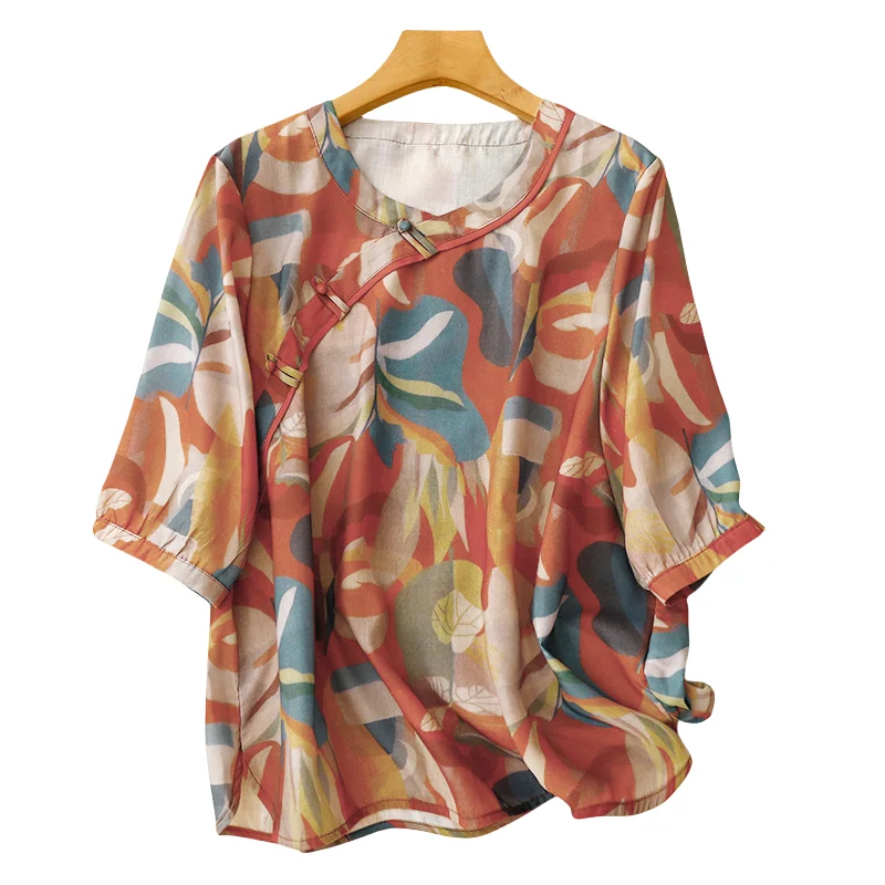 تي شيرت فضفاض مناسب على شكل حرف V من القطن والكتان مطبوع للنساء صيفي أنيق ومتعدد الاستخدامات ورقيق علوي للتخسيس