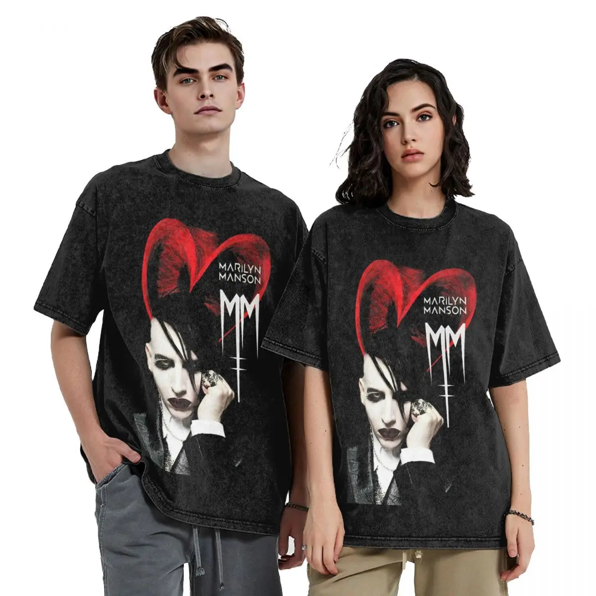 Graphic Printed Marilyn Manson Gothic Singer Washed T Shirt Outfit Oversize T-Shirt Men Women Tee Shirt