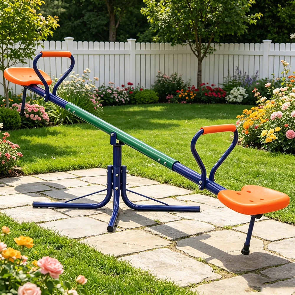 Image of 360-Grad drehbare Schaukelwippe in Blau, Grün & Orange – Ergonomische Sitzgelegenheit, Stahl- und Kunststoffkonstruktion, maximale Belastung 45 kg, einfache Montage, nur für den Außenbereich geeignet