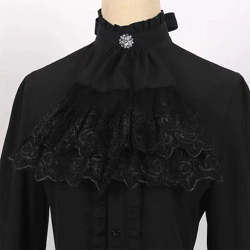 2024 Autumn New Foreign Gothic Black Shirt Blouse Vintage Lace Medieval Court Long Sleeve Top Cosplay Halloween Shirts Women