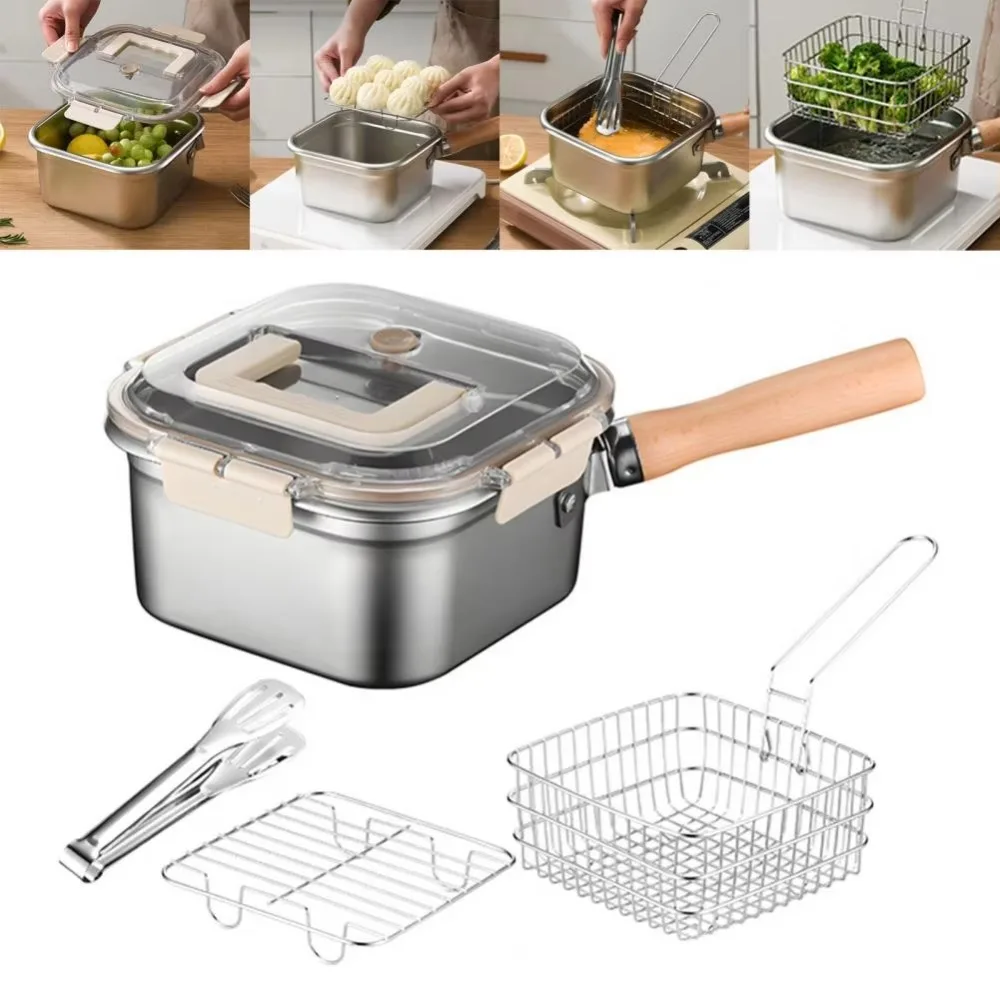 

Durable Stainless Steel Frying Pan with Basket Square Shape Cooking Pot Non-Stick Camping Cookware Set Chips