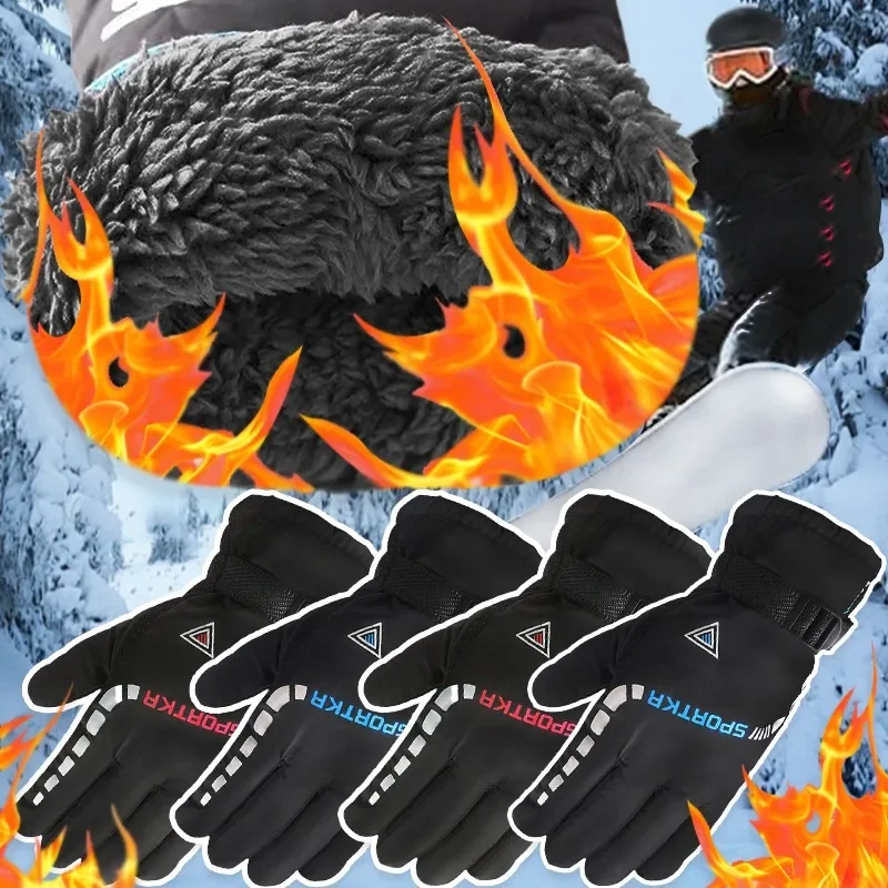 

Winter Skiing Warm Thick Glove Adjustable Plush Velvet Lining Mitten Waterproof Anti Slip Gloves Cycling Cold Proof Soft Mittens