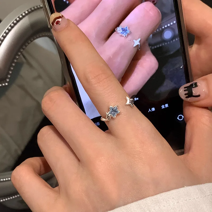 PANJBJ 925 Sterling Silver Stars Ring For Women Blue Crystal Opening Sweet Romance Irregular Versatile Jewelry Gift Dropshipping