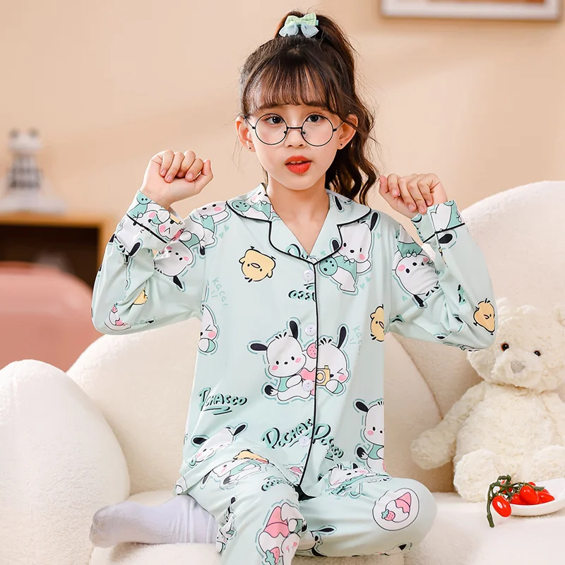 Kawaii Sanrio Children Fall Pajamas Cinnamoroll Kuromi My Melody Y2K Anime Pochacco Cute Casual Loose Long Sleeve Girl Homewear