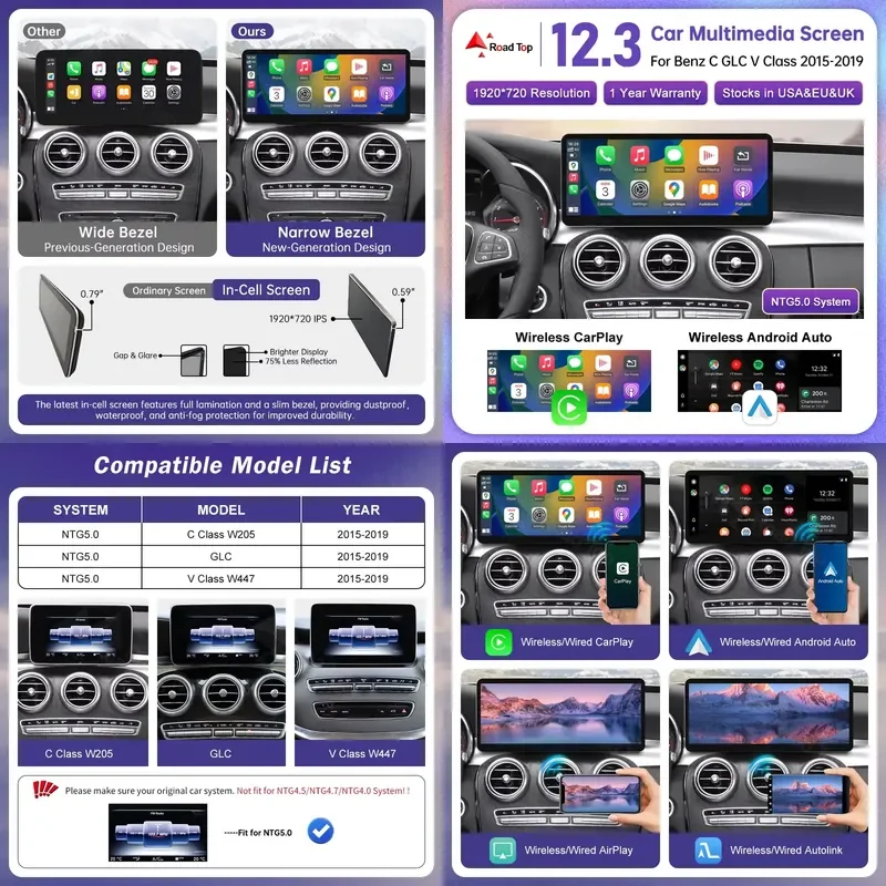 2026 hot sale Ultra Thin Linux Touch Screen for C Class W205 GLC GLA CLA W447 2014-2019 Wireless Carplay