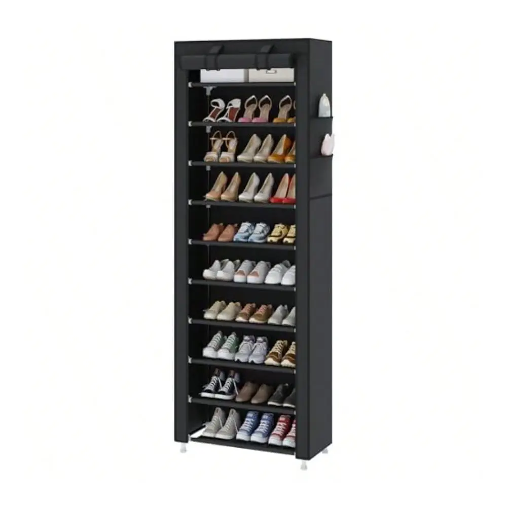 Free Standing Shoe Rack Sturdy Shoe Rack Organizer For Closet Entryway Stackable Shoe Shelf With Dustproof Cover, Black