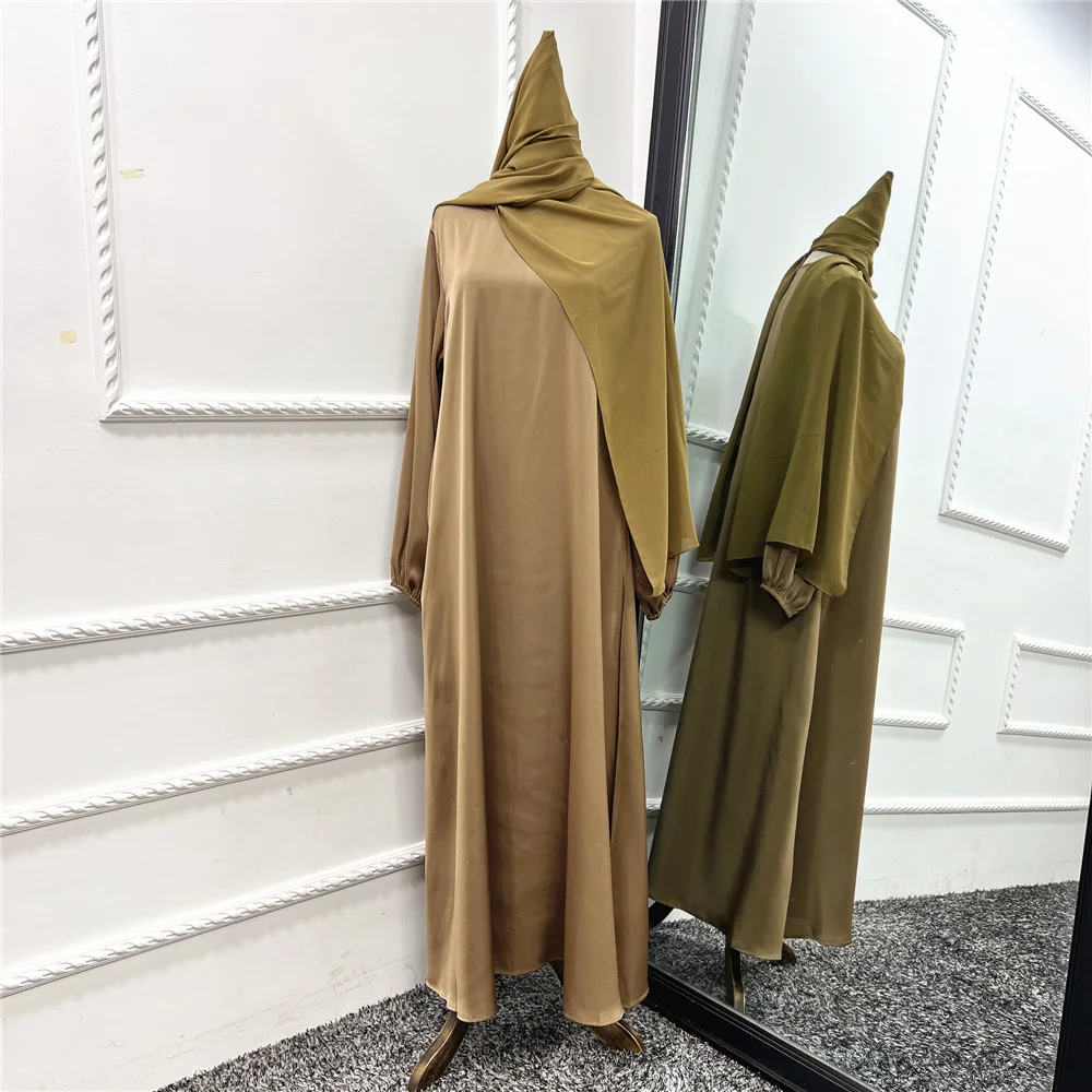 Jilbab Satin sederhana gaun Maxi wanita Muslim Dubai Turki Lebaran Ramadan pakaian Islami jubah Arab Kaftan Abaya gaun pesta Abaya