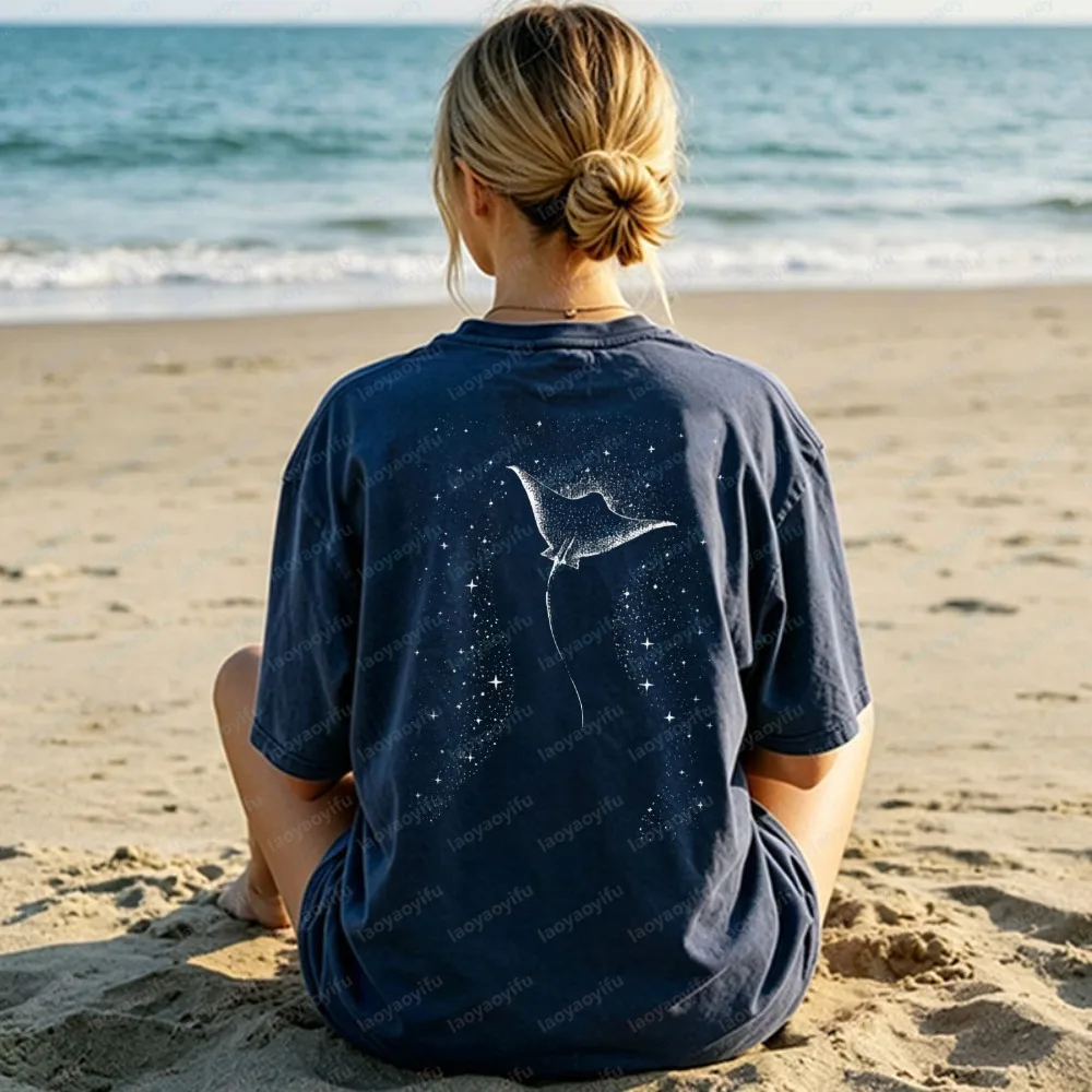 Starry Manta Ray Statement Cotton Shirt Cosmic Coastal Streetwear Biologist Gifts Summer Trend Casual Simple Clothes for Women