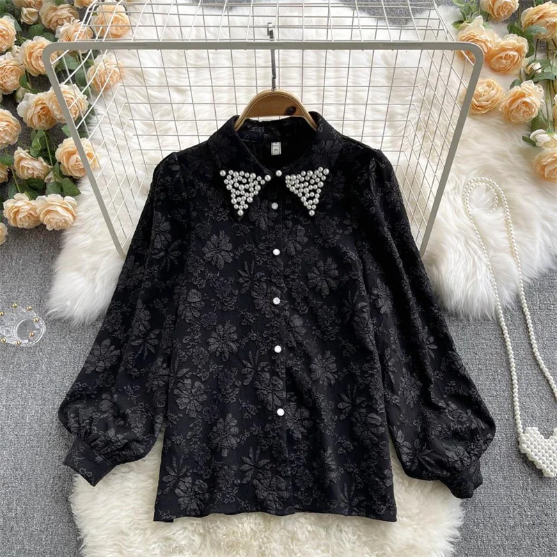 Vintage Pearl Lapel Flower Embroidered Flares Polo-neck Women\'s Blouse Shirt Long Sleeve Single Breasted Loose Female Blouses