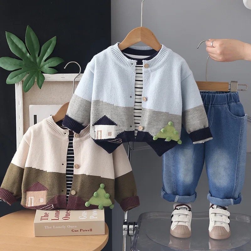 Boys Clothes Sets Spring Autumn Children Woolen Jersey Sweaters Coats T-shirts Denim Pants 3pcs Casual Suit Baby Tracksuits Kids