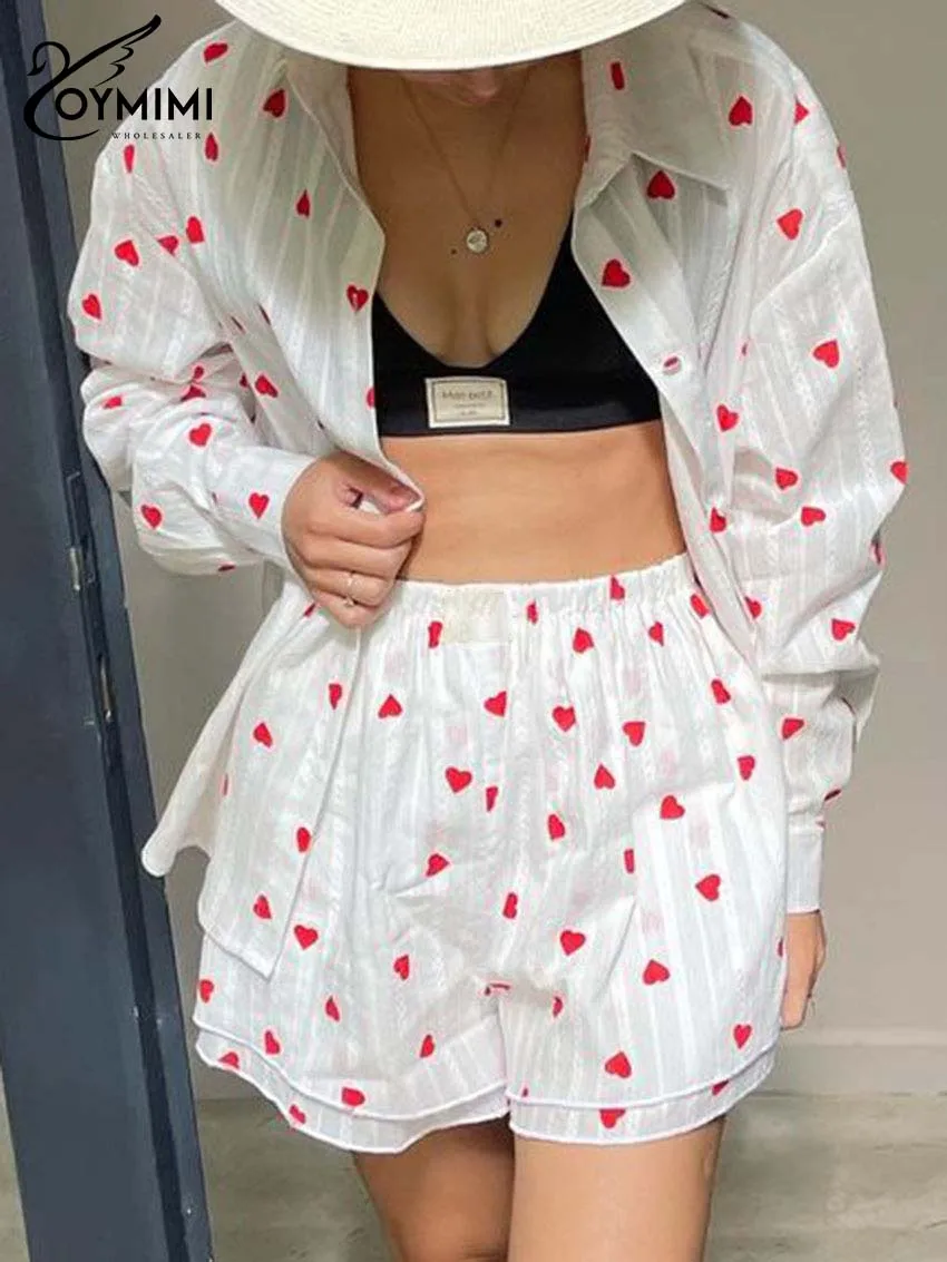 

Oymimi Fashion White Cotton Two Piece Outfits Woman Elegant Print Long Sleeve Single Breasted Shirts And High Waisted Shorts Set