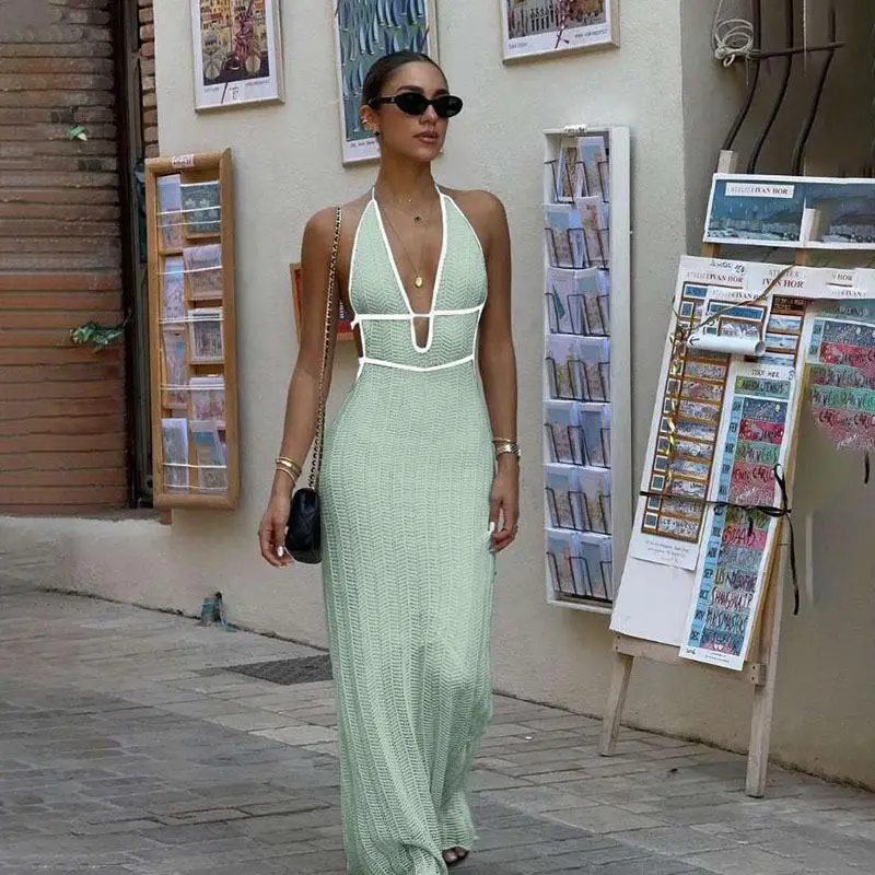 Faionable Color Blo V-Ne Knitted Dr مع تصميم حزام Bal للنساء عالي الخصر طويل Sve كاجوال Sle