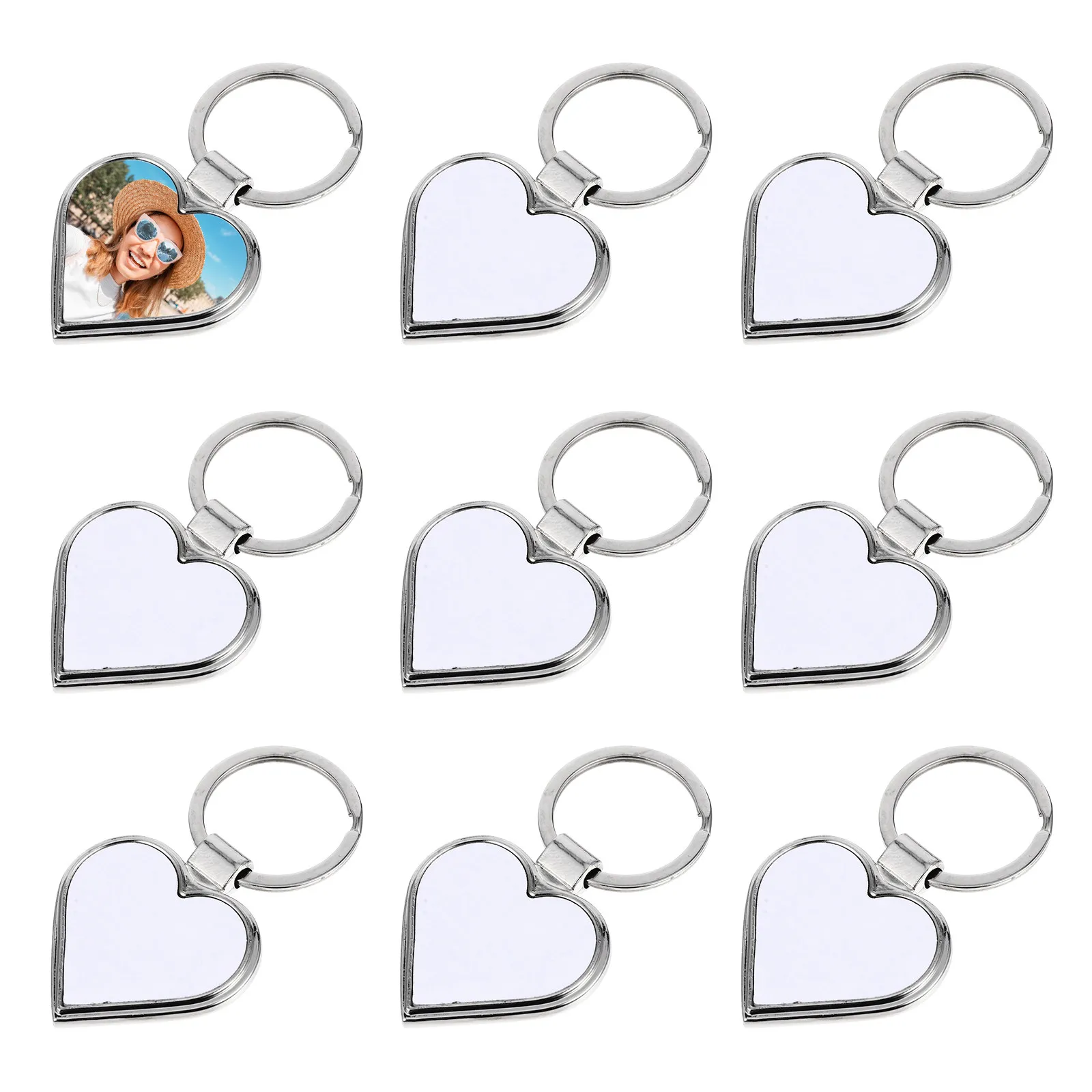 10Pcs Blank Heart Keychain Metal Sublimation Key Ring for DIY Photo Personalization Heat Transfer Craft Jewelry Making