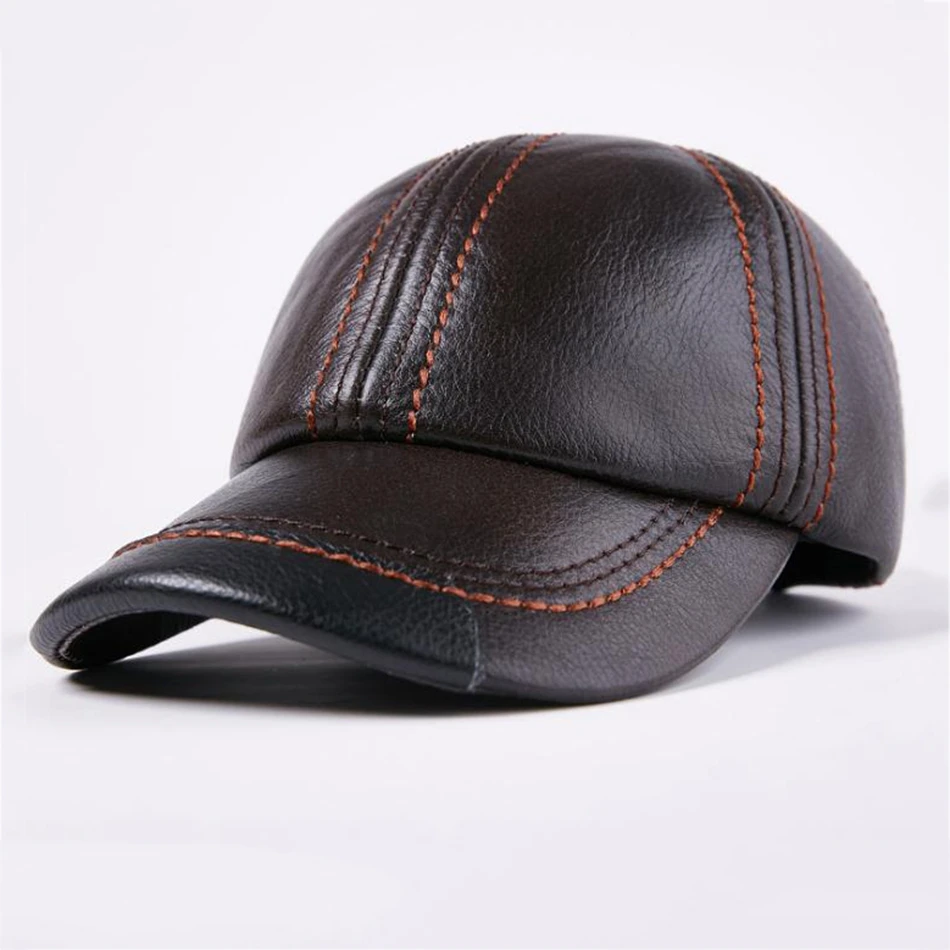 Genuine Leather Baseball Cap Men Black Cowhide Hat Snapback Male Adjustable Autumn Winter Real Leather Peaked Hats