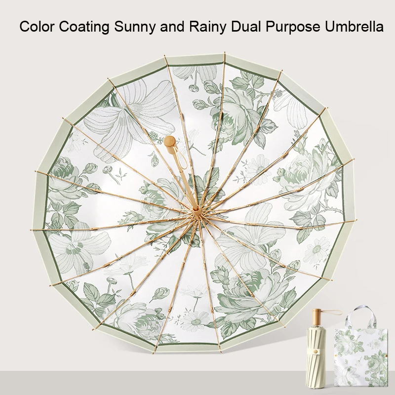 16 Ribs Large Size Folding Umbrella Chinese Style Print Color Coated Solid Wood Handle UV Protection Women\'s Sunshade Umbrella