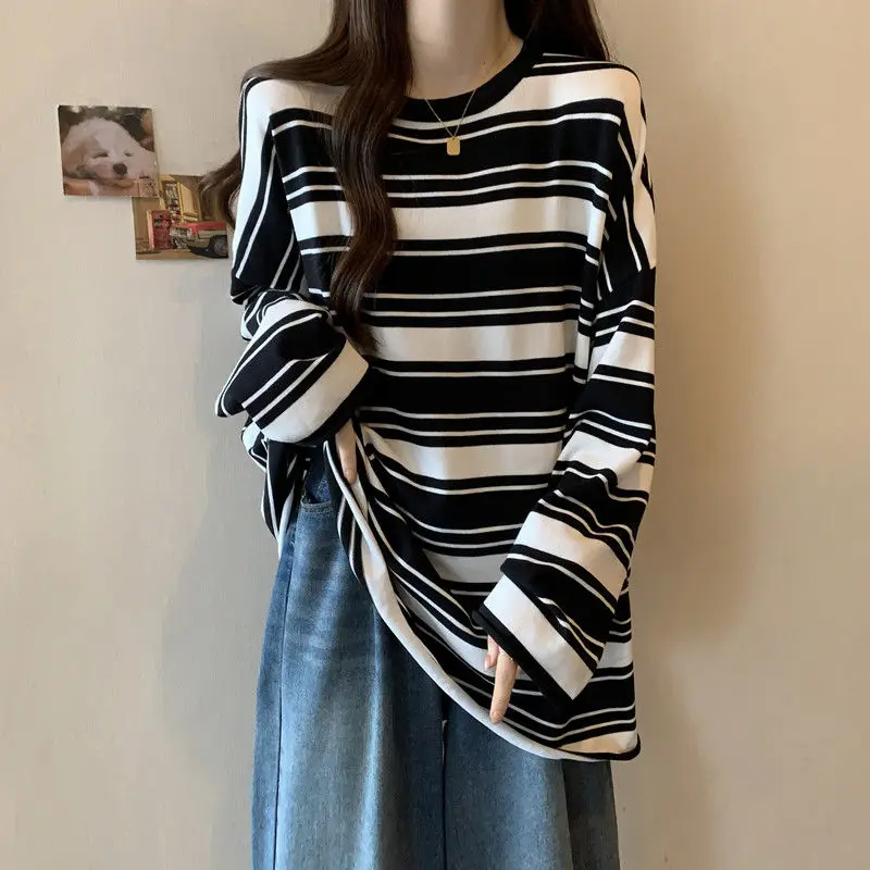 

Spring Autumn Striped Vintage Pullovers Korean Casual Loose All-match Female Clothing Round Neck Commute Long Sleeve T-shirt New