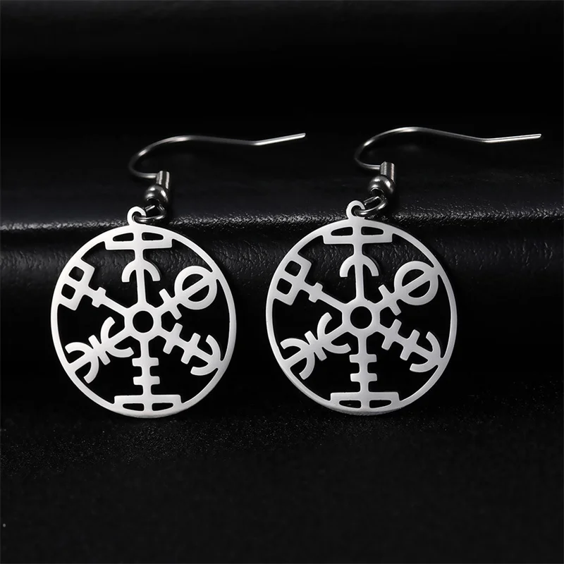 Stainless Steel Aegishjalmur Vegvisir Compass Dangle Earring for Women Viking Flower of Life Amulet Drop Earrings Girls jewelry