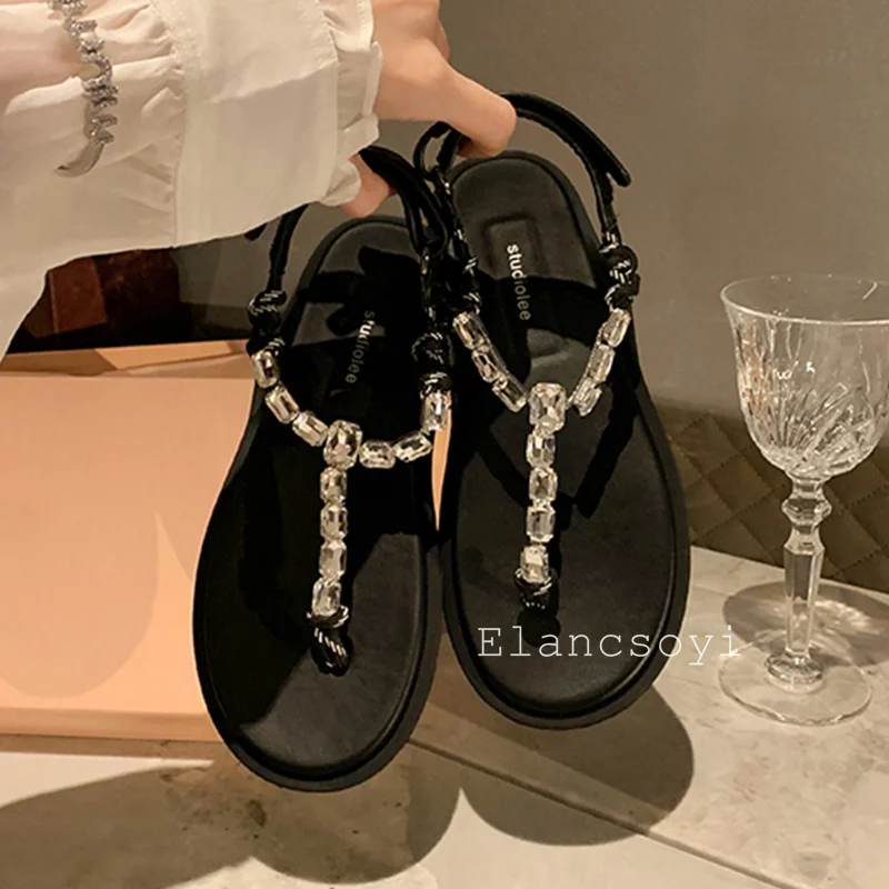 Summer Flip Flops Back Strap Sandals Women's Shiny Crystal Decorated Flat Bottomed Split Toe Sandalias Ladies Vacation Shoes