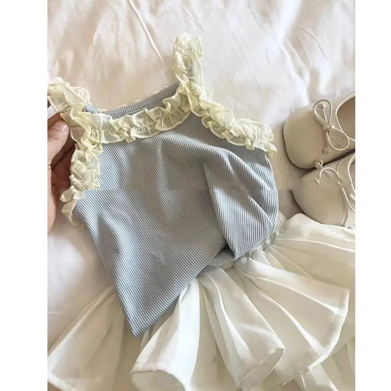 

Girls Summer Cute Fashion Versatile Stylish Tank Top Set 2025 New Summer Childrens Vest Girl Sweet Cake Dress