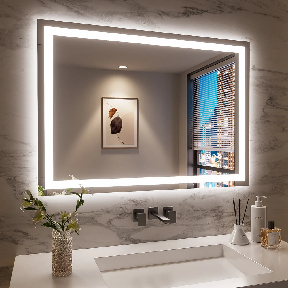 Rizzon 48x36 Inches Smart Anti-Fog LED Bath Mirror with Backlight and Front Light, 3-Color and Dimmable, Brightness Memory