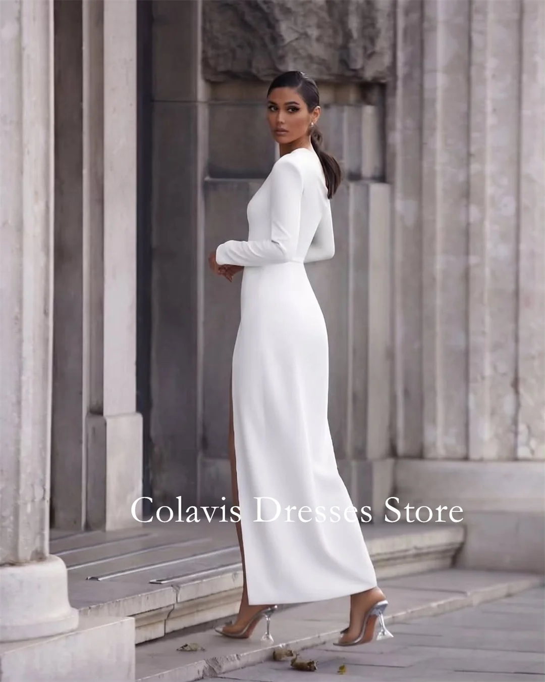 Fanan Customized White One‑Shoulder Satin Side Slit Wedding Dress Ankle Length Mermaid Bridal Gown With Pockets Chapel Train