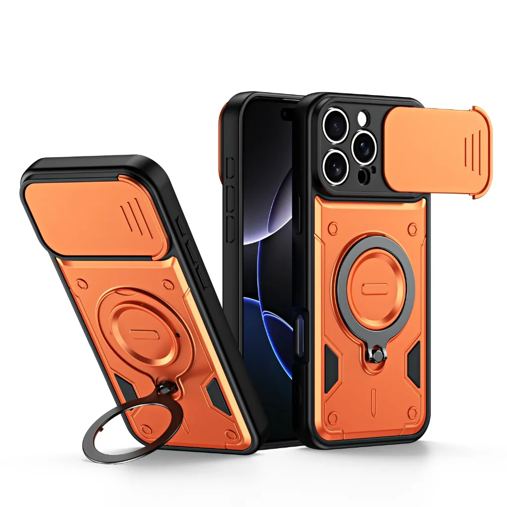 Coque de téléphone antichoc avec protection coulissante pour appareil photo 360° °   Support de Bague Rotatif et Béquille pour Coque de Protection iPhone 16 17 Pro Max